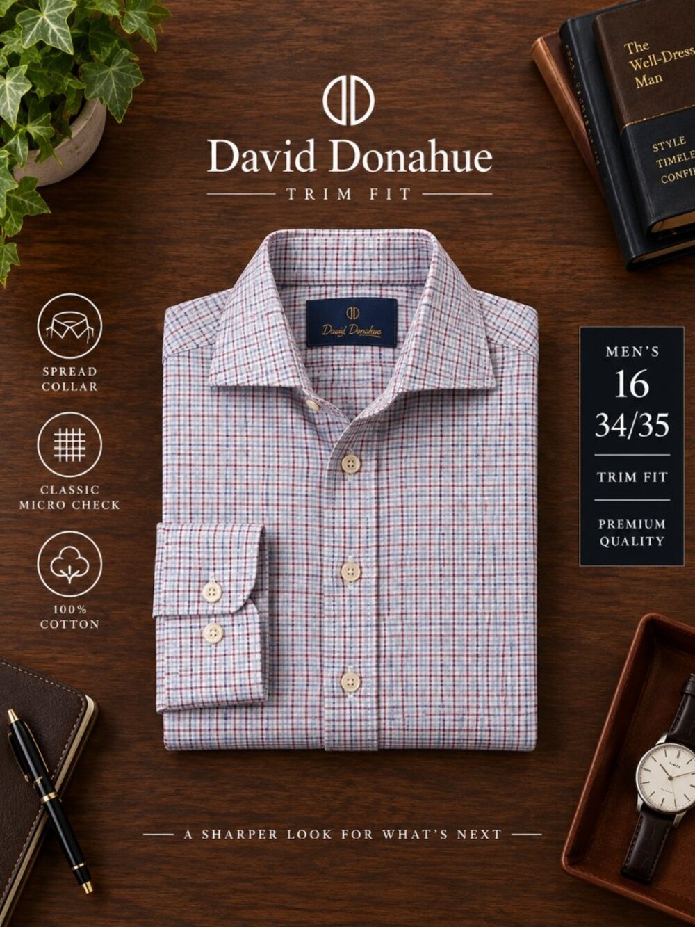 David Donahue Trim Fit Men’s Dress Shirt 16 34/35 Micro Check 100% Cotton